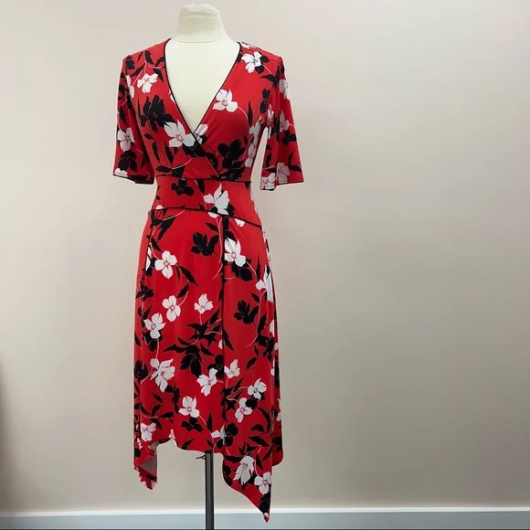 BCBG Midi Dress in Red Rosso Floral Print